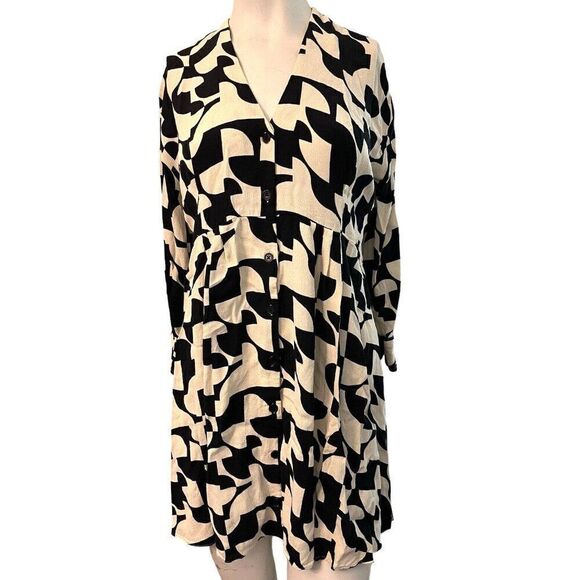 ZARA XS Black White Geometric Print Dress Baby Doll Button Front - Picture 1 of 5